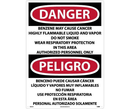 Danger: Peligro Benzene  Area Authorized Personnel Only (Bilingual) - 28 X 20 - .040 Alum - ESD27AD