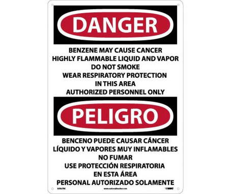 Danger: Peligro Benzene  Area Authorized Personnel Only (Bilingual) - 20 X 14 - Rigid Plastic - ESD27RC