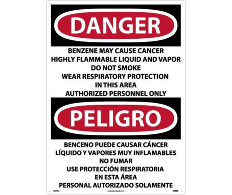 Danger: Peligro Benzene  Area Authorized Personnel Only (Bilingual) - 28 X 20 - Rigid Plastic - ESD27RD
