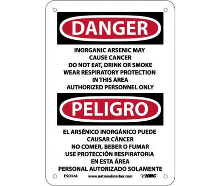 Danger: Peligro Inorganic Arsenic May Cause Cancer  Authorized Personnel Only (Bilingual) - 10 X 7 - .040 Alum - ESD32A