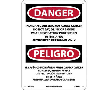 Danger: Peligro Inorganic Arsenic May Cause Cancer  Authorized Personnel Only (Bilingual) - 14 X 10 - PS Vinyl - ESD32PB