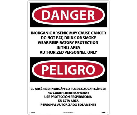 Danger: Peligro Inorganic Arsenic May Cause Cancer  Authorized Personnel Only (Bilingual) - 28 X 20 - Rigid Plastic - ESD32RD