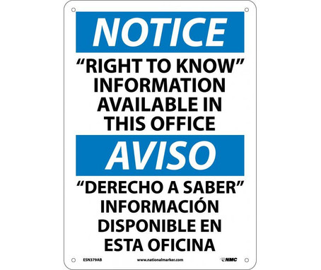 Notice: "Right To Know" Information Available In This Office - Bilingual - 14X10 - .040 Alum - ESN379AB