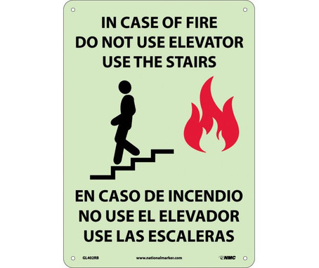 In Case Of Fire Do Not Use Elevator Use The Stairs (Graphic( - Bilingual - 14X10 - Glo Rigid Plastic - GL402RB