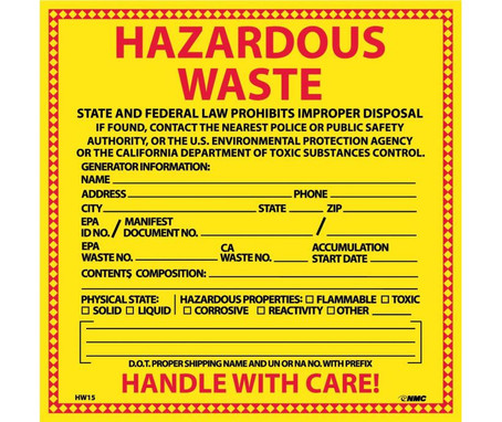 Labels - Hazardous Waste California - 6X6 - PS Vinyl - Pack of 25 - HW15