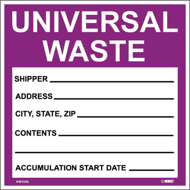 Self-Laminating Labels - Universal Waste In Purple - 6X6 - PS Vinyl - Bx100 - HW30SL100