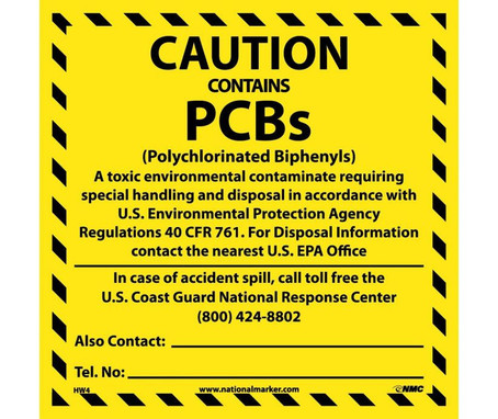 Labels - Caution: Contains Pcbs - Polychlorinated Bipheyls) In Case Of Accident Spill - Call Toll Free The U.S. Coast Guard National Response Center (800) 424-8802 - Also Contact - Tel. No. - 6 X 6 - PS Vinyl - 500/Rl - HW4ALV