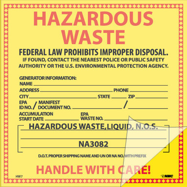 Self-Laminating Labels - Hazardous Waste (For Liquids) - 6X6 - PS Vinyl - Pack of 25 - HW7SL25