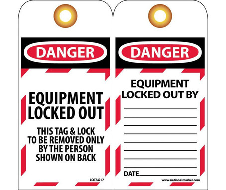 Tags - Danger: Equipment Locked Out - 6X3 - Synthetic Paper - Pack of 25 (Hole) - LOTAG17ST