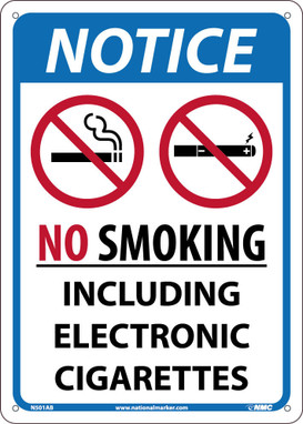 Notice No Smoking Including Electronic Cigarettes - 14X10 - Aluminum .040 - N501AB