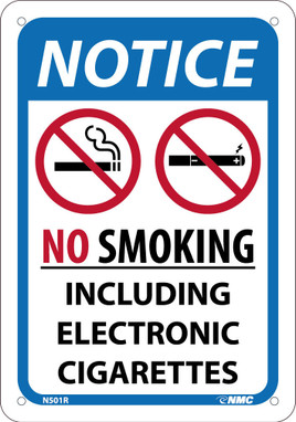 Notice No Smoking Including Electronic Cigarettes - 10X7 - .050 Rigid Plastic - N501R