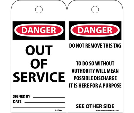 Tags - Out Of Service - 6X3 - .015 Mil Unrip Vinyl - 25 Pk - RPT146