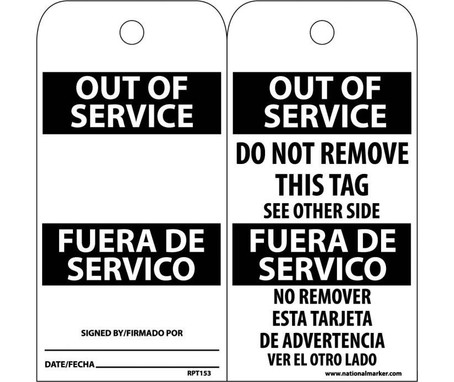 Tags - Out Of Service Bilingual - 6X3 - .015 Mil Unrip Vinyl - 25 Pk - RPT153