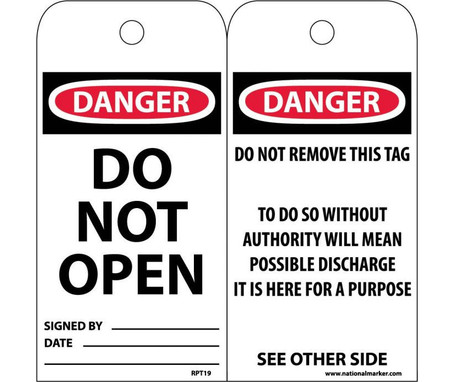 Tags - Danger: Do Not Open - 6X3 - Unrip Vinyl - Pack of 25 - RPT19