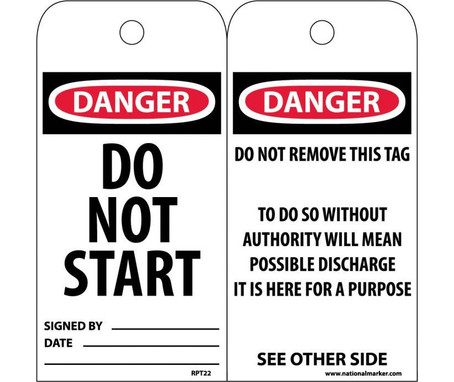 Tags - Danger: Do Not Start - 6X3 - Unrip Vinyl - Pack of 25 - RPT22