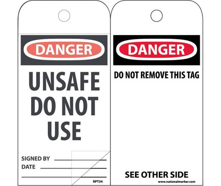 Self Laminating Tags - Danger: Unsafe Do Not Use - 6X3 -Polytag - Box Of 150 - RPT34SL150