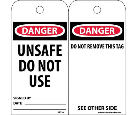 Tags - Danger: Unsafe Do Not Use - 6X3 - Synthetic Paper - Pack of 25 (Hole) - RPT34ST