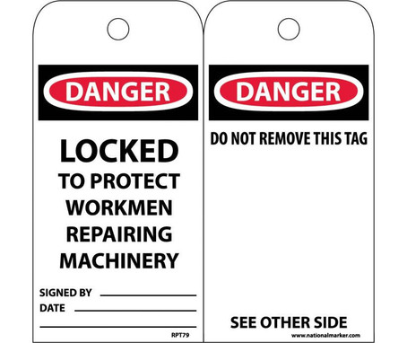 Tags - Danger: Locked To Protect Workmen Repairing Machinery - 6X3 - Synthetic Paper - Pack of 25 (Hole) - RPT79ST