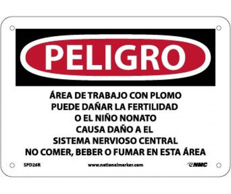 Peligro Lead Work Area May Damage Fertility  Do Not Eat - Drink Or Smoke In This Area (Spanish) - 7 X 10 - Rigid Plastic - SPD26R