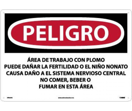 Peligro Lead Work Area May Damage Fertility  Do Not Eat - Drink Or Smoke In This Area (Spanish) - 14 X 20 - Rigid Plastic - SPD26RC