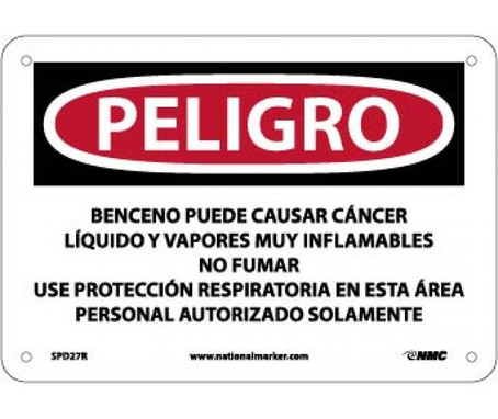 Peligro Benzene May Cause Cancer  Area Authorized Personnel Only (Spanish) - 7 X 10 - Rigid Plastic - SPD27R