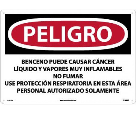 Peligro Benzene May Cause Cancer  Area Authorized Personnel Only (Spanish) - 14 X 20 - Rigid Plastic - SPD27RC
