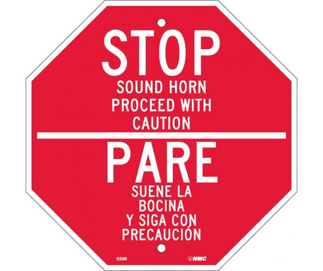Stop Sound Horn Proceed With Caution: Bilingual - 12X12 - Rigid Plastic - SS9R
