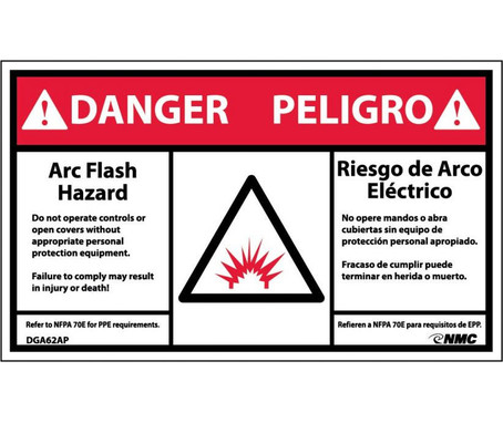 Danger: Arc Flash And Shock Hazard - Bilingual - (Graphic) - 3X5 - PS Vinyl - Pack of 5 - DGA62AP