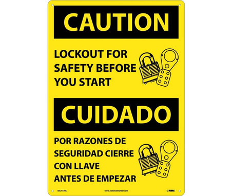 Caution: Lockout For Safety Before You Start (Bilingual) - 20X14 - Rigid Plastic - ESC177RC