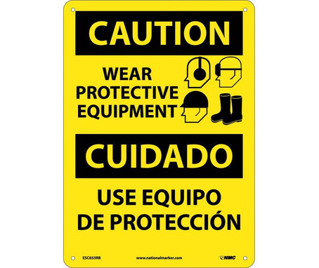 Caution: Wear Protective Equipment Bilingual - Graphic - 14X10 - Rigid Plastic - ESC653RB