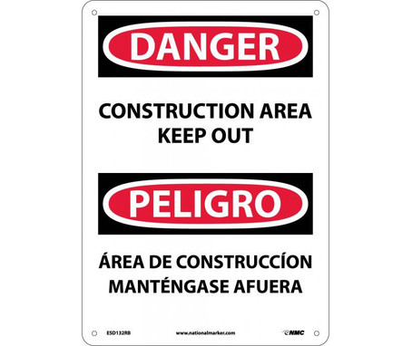 Danger: Construction Area Keep Out Bilingual - 14X10 - Rigid Plastic - ESD132RB