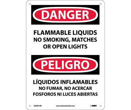 Danger: Flammable Liquids No Smoking - Matches Or Open Lights - Bilingual - 14X10 - Rigid Plastic - ESD661RB