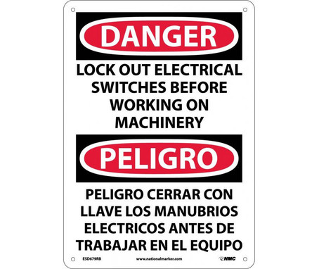 Danger: Lock Out Electrical Switches Before Working On Machinery - Bilingual - 14X10 - Rigid Plastic - ESD679RB