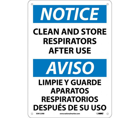 Notice: Clean And Store Respirators After Use (Bilingual) - 14X10 - Rigid Plastic - ESN123RB