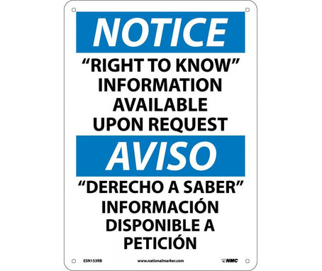 Notice: Right To Know Information Available Upon Request (Bilingual) - 14X10 - Rigid Plastic - ESN153RB