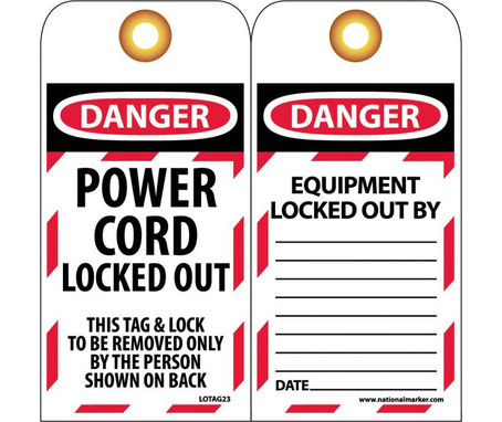 Tags - Lockout - Danger: Power Cord Locked Out  - 6X3 - Unrip Vinyl Grommet Pack Of 10 - LOTAG23
