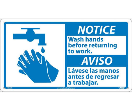 Notice: 10 X 18 Notice Wash Hands Before Return- (Bilingual W/Graphic) - 10X18 - Rigid Plastic - NBA8R