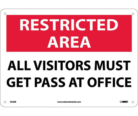 Restricted Area - All Visitors Must Get Pass At Office - 10X14 - Rigid Plastic - RA3RB