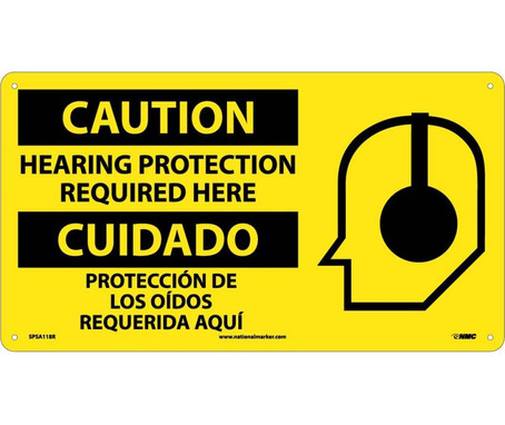 Caution: Hearing Protection Required Here (Bilingual W/Graphic) - 10X18 - Rigid Plastic - SPSA118R