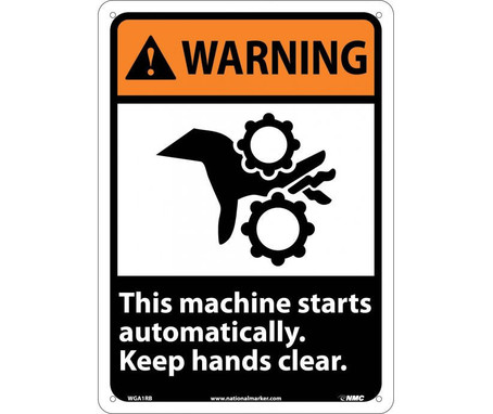 Warning: This Machine Starts Automatically Keep Hands Clear (W/Graphic) - 14X10 - Rigid Plastic - WGA1RB