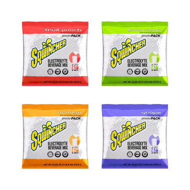 Sqwincher Regular Powder Packs, 23.83 oz Packs, 2.5 gal Yield, Assorted Flavors, 32/Case - 159016044