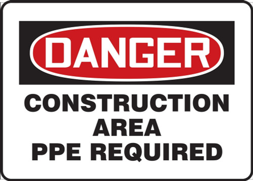 Contractor Preferred OSHA Danger Safety Sign: Construction Area PPE Required 18" x 24" Plastic (.040") 1/Each - ECRT036CP