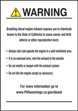 Prop 65 Diesel Engine Exposure Safety Label: Cancer And Reproductive Harm 5" x 3 1/2" Adhesive Vinyl 5/Pack - LCAW626VSP