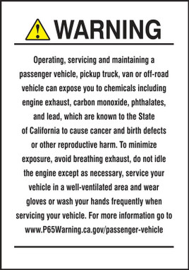 Prop 65 Vehicle Exposure Exposure Safety Label: Cancer And Reproductive Harm 5" x 3 1/2" Adhesive Dura Vinyl 1/Each - LCAW627XVE