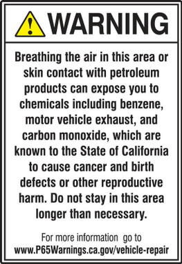 Prop 65 Service Station and Vehicle Repair Facilities Safety Sign: Cancer And Reproductive Harm 10" x 7" Adhesive Vinyl 1/Each - MCAW360VS