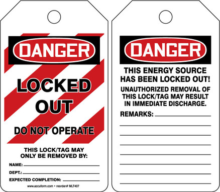 OSHA Danger Safety Tags: Locked Out - Do Not Operate English Self-Laminating RP-Plastic 5/Pack - MLT407LPM