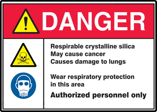 ANSI ISO Danger Safety Sign: Respirable Crystalline Silica May Cause Cancer - Causes Damage To Lungs - Wear Respiratory Protection In This Area 7" x 10" Aluminum 1/Each - MRAW103VA