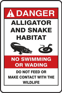 ANSI Danger Safety Sign: Alligator And Snake Habitat - No Swimming Or Wading - Do Not Feed Or Make Contact With The Wildlife Plastic - 10" x 14" 1/Each - MRTR003VP