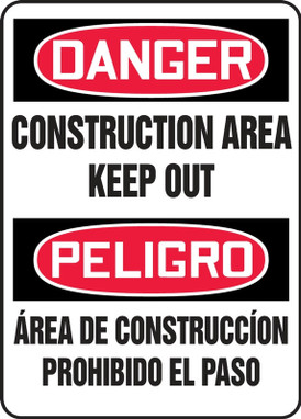 Bilingual Contractor Preferred OSHA Danger Safety Sign: Construction Area Keep Out 14" x 20" Plastic (.040") 1/Each - SBECRT011CP