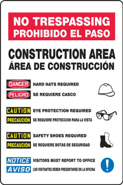 Contractor Preferred Bilingual Site Safety Signs: No Trespassing - Construction Area 36" x 24" Lite Corrugated Plastic 1/Each - SBECRT517CC